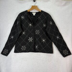 Vtg Talbots Gray Wool Sequin Snowflake Zip Front Cardigan Sweater Womens XL Gran